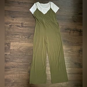 Green Romper / Jumpsuit and White Shirt Outfit